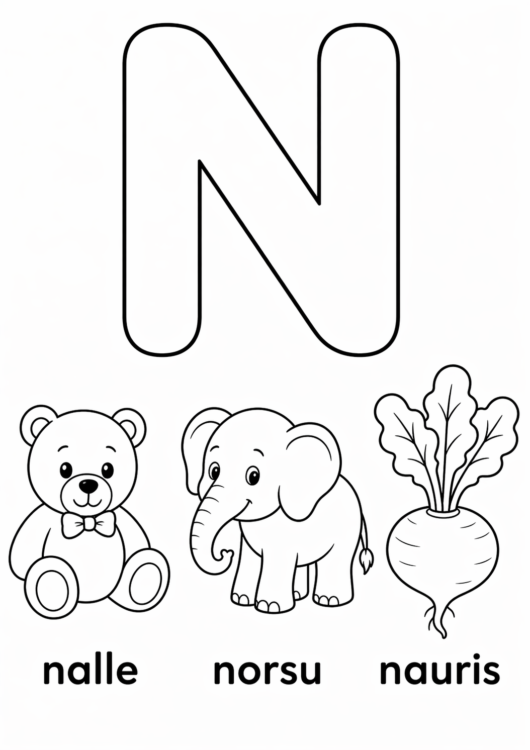 N-kirjain: nalle, norsu, nauris värityssivu