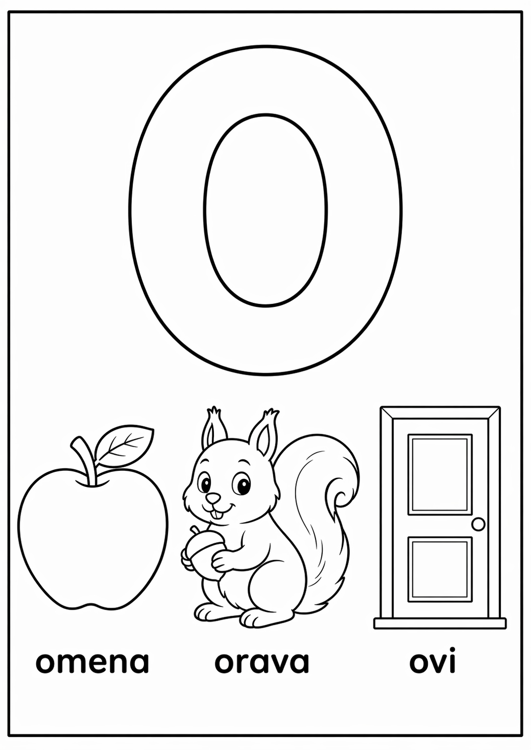 O-kirjain: omena, orava, ovi värityssivu