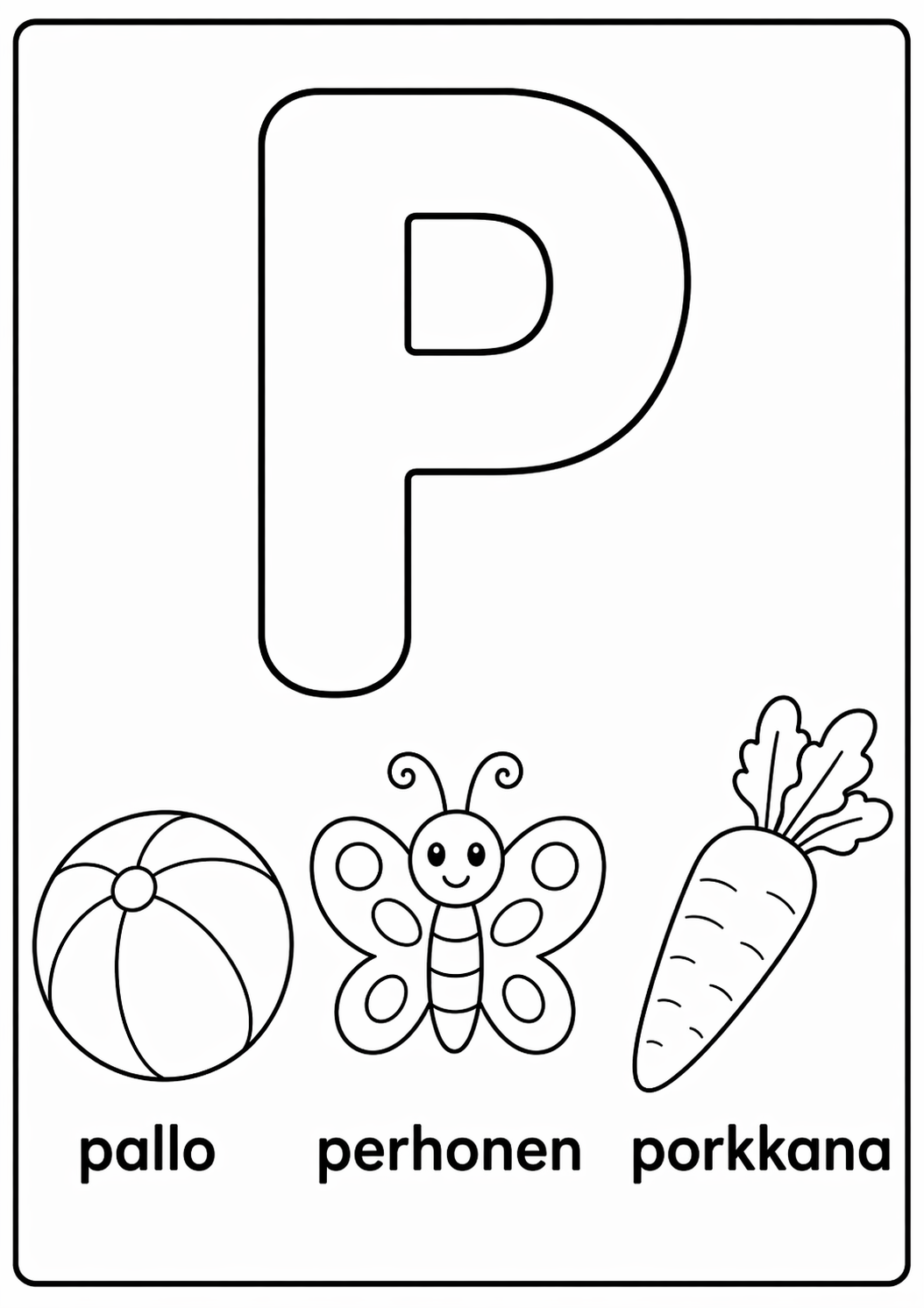 P-kirjain: pallo, perhonen, porkkana värityssivu
