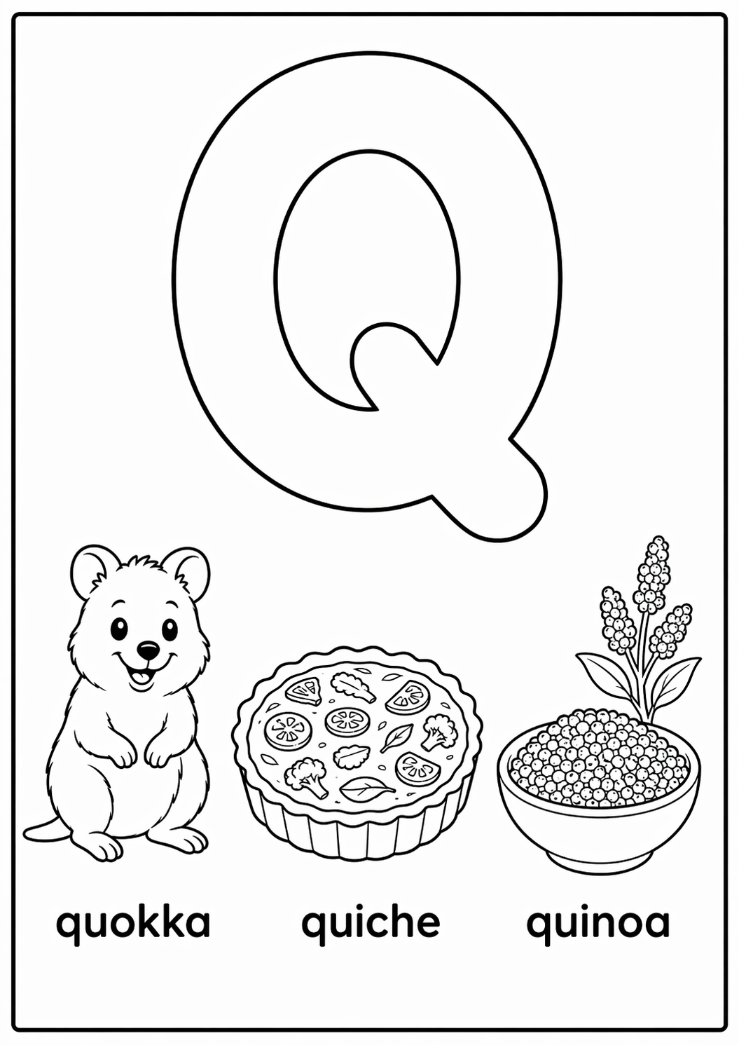 Q-kirjain: quokka, quiche, quinoa värityssivu