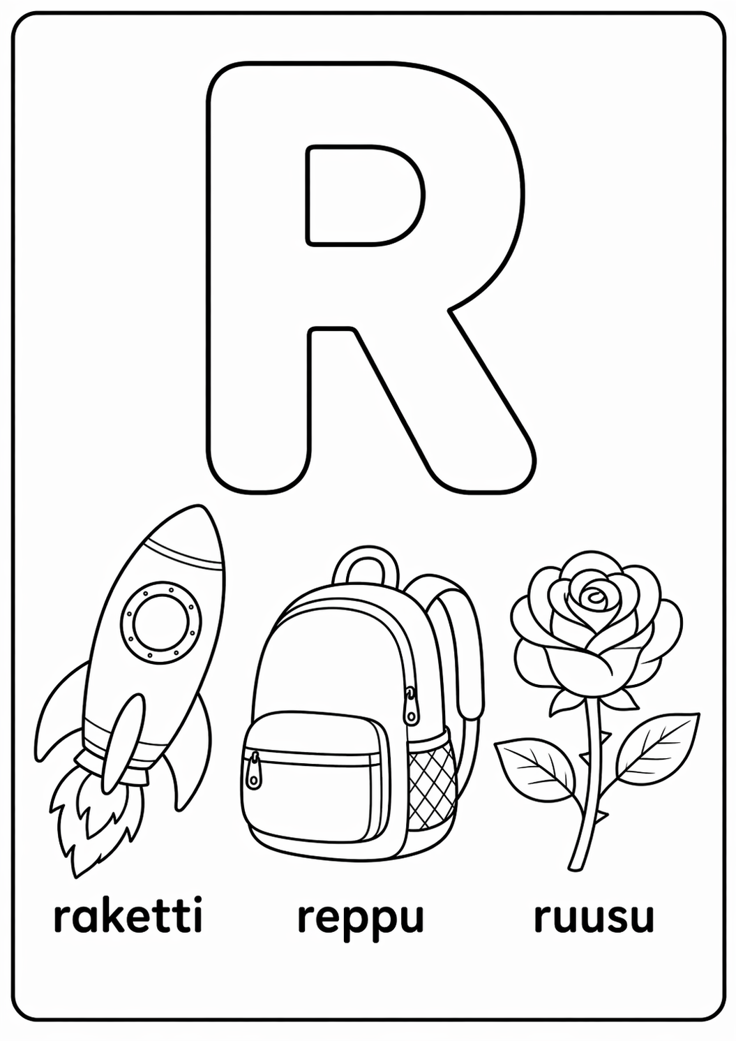 R-kirjain: raketti, reppu, ruusu värityssivu