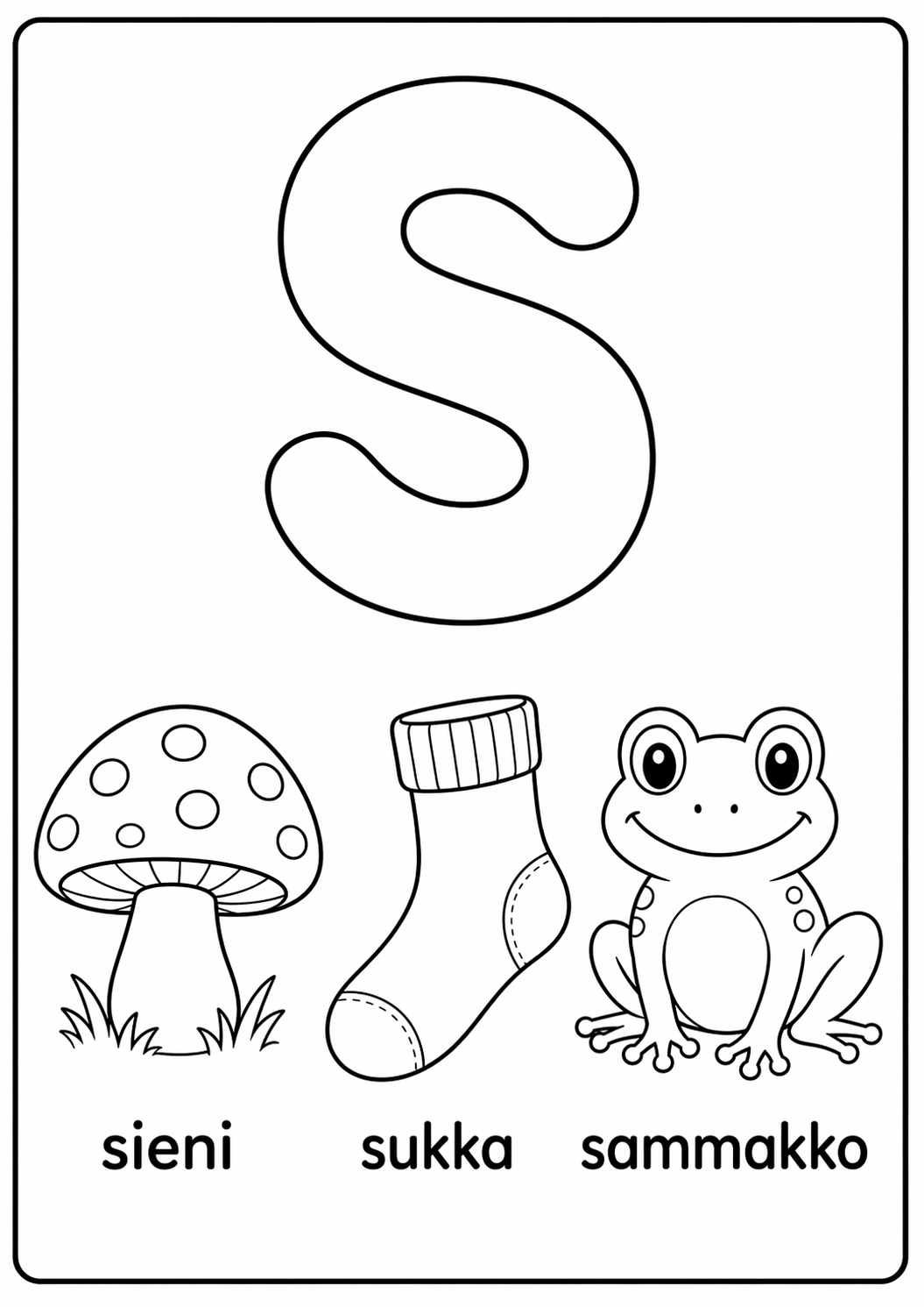 S-kirjain: sieni, sukka, sammakko värityssivu