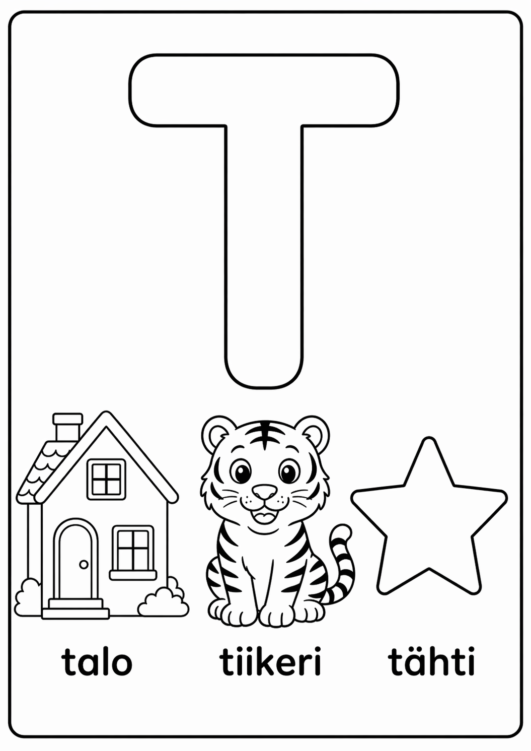 T-kirjain: talo, tiikeri, tähti värityssivu