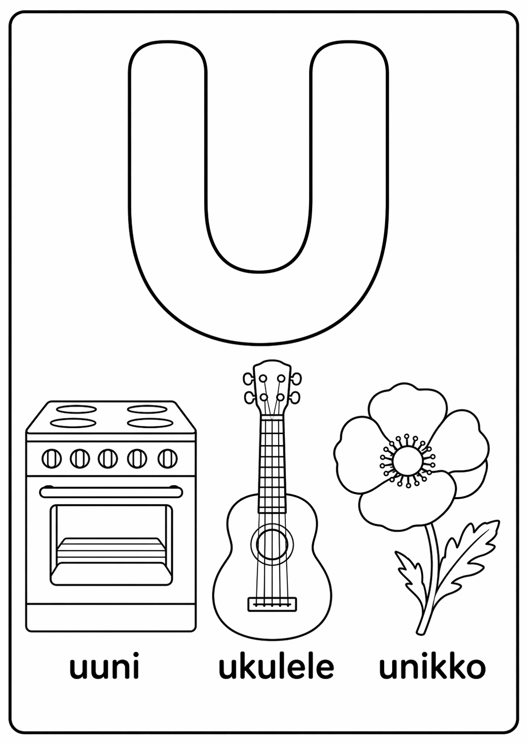 U-kirjain: uuni, ukulele, unikko värityssivu