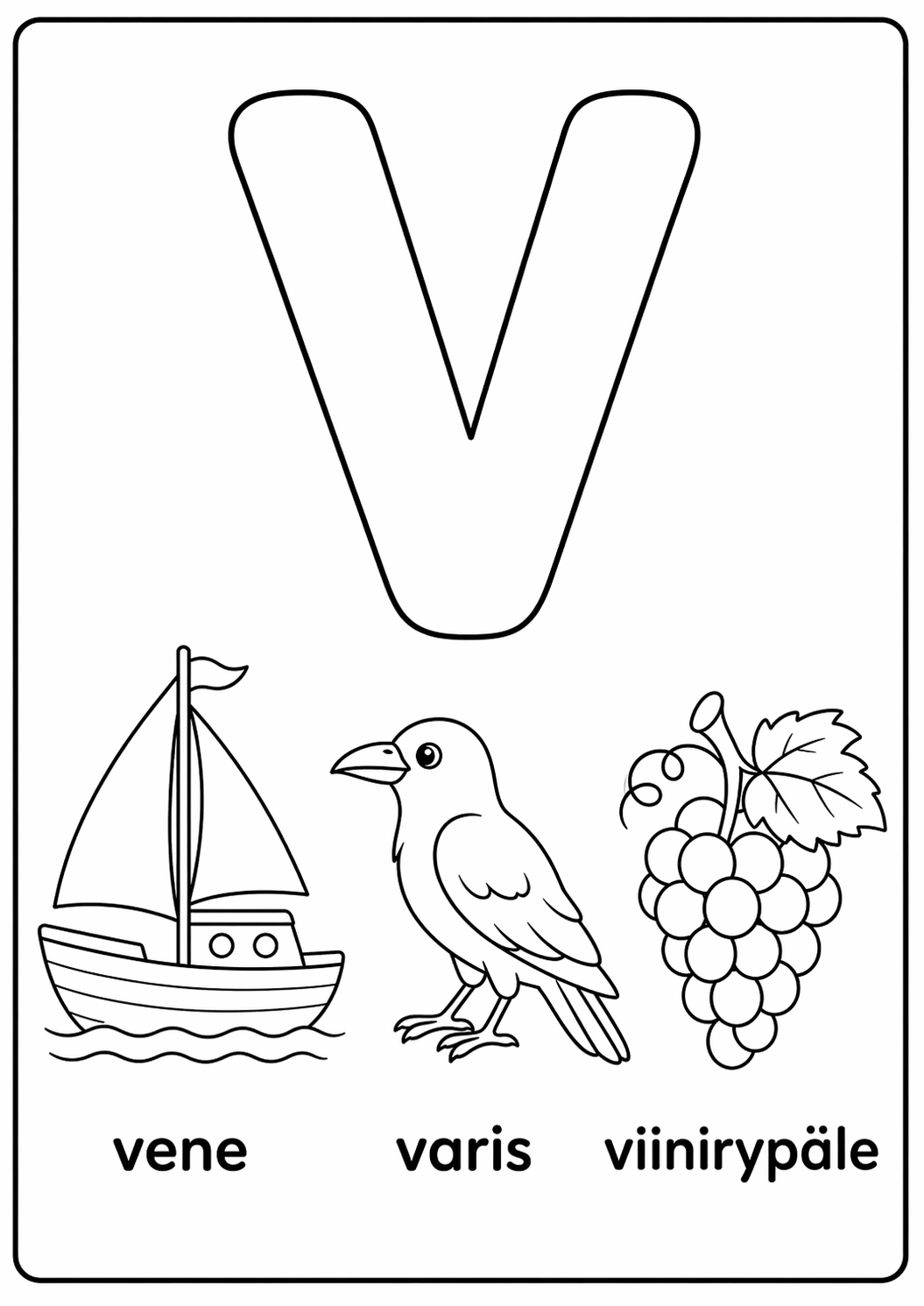 V-kirjain: vene, varis, viinirypäle värityssivu