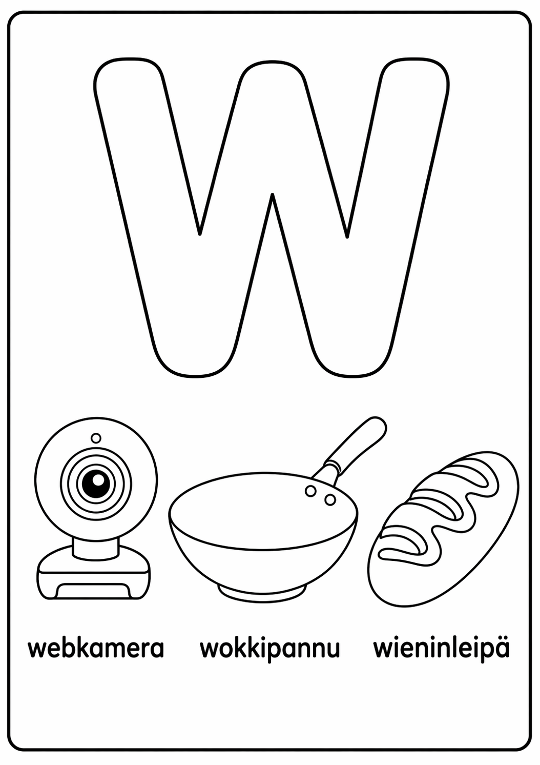 W-kirjain: webkamera, wokkipannu, wieninleipä värityssivu