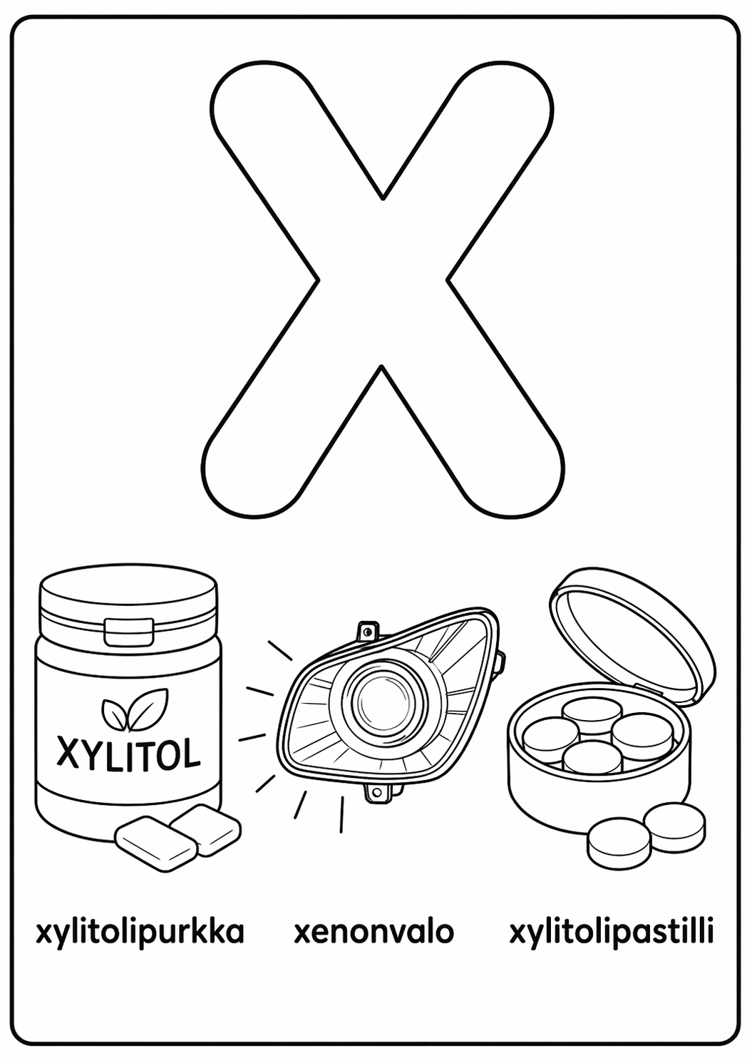 X-kirjain: xylitolipurkka, xenonvalo, xylitolipastilli värityssivu