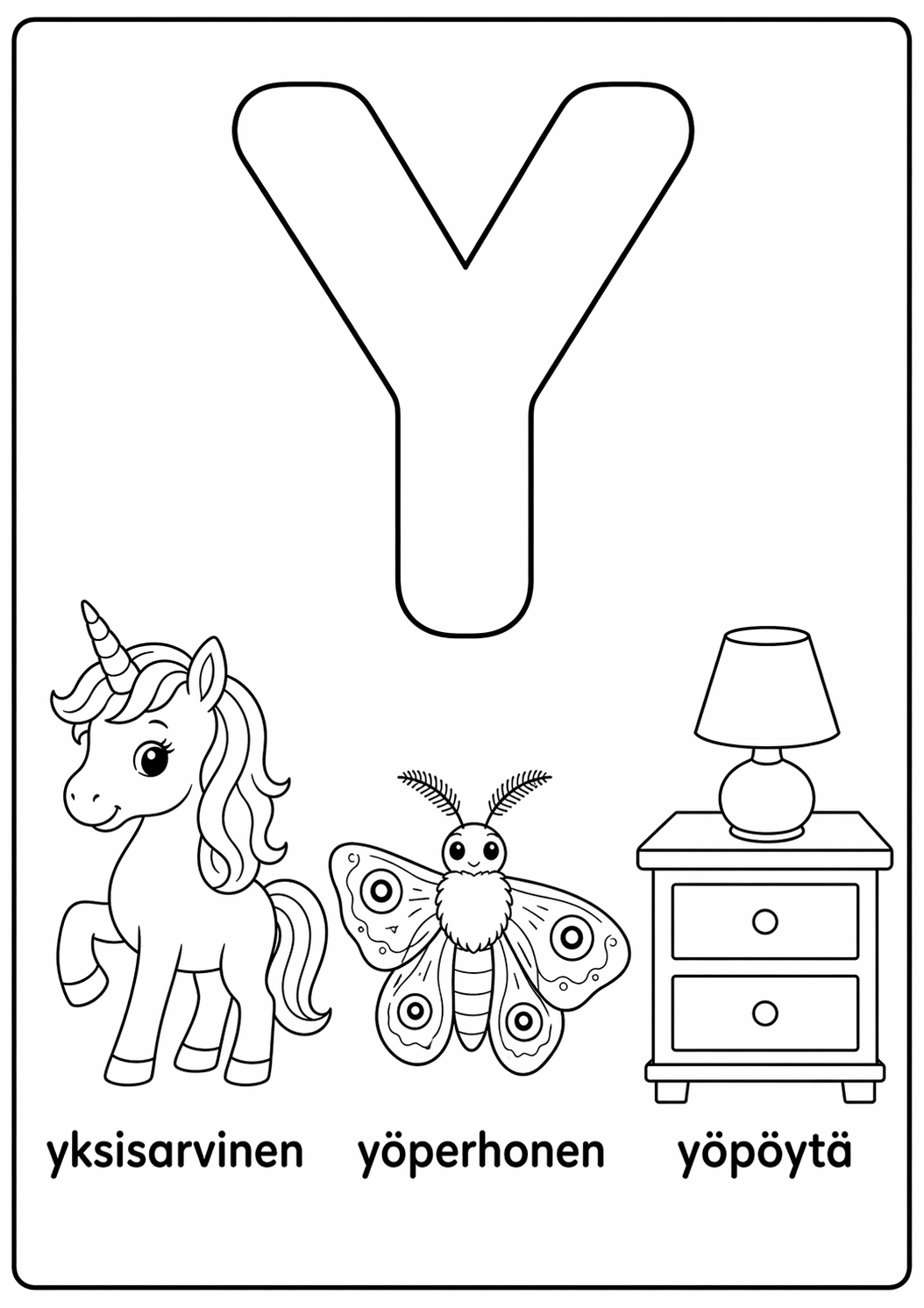 Y-kirjain: yksisarvinen, yöperhonen, yöpöytä värityssivu