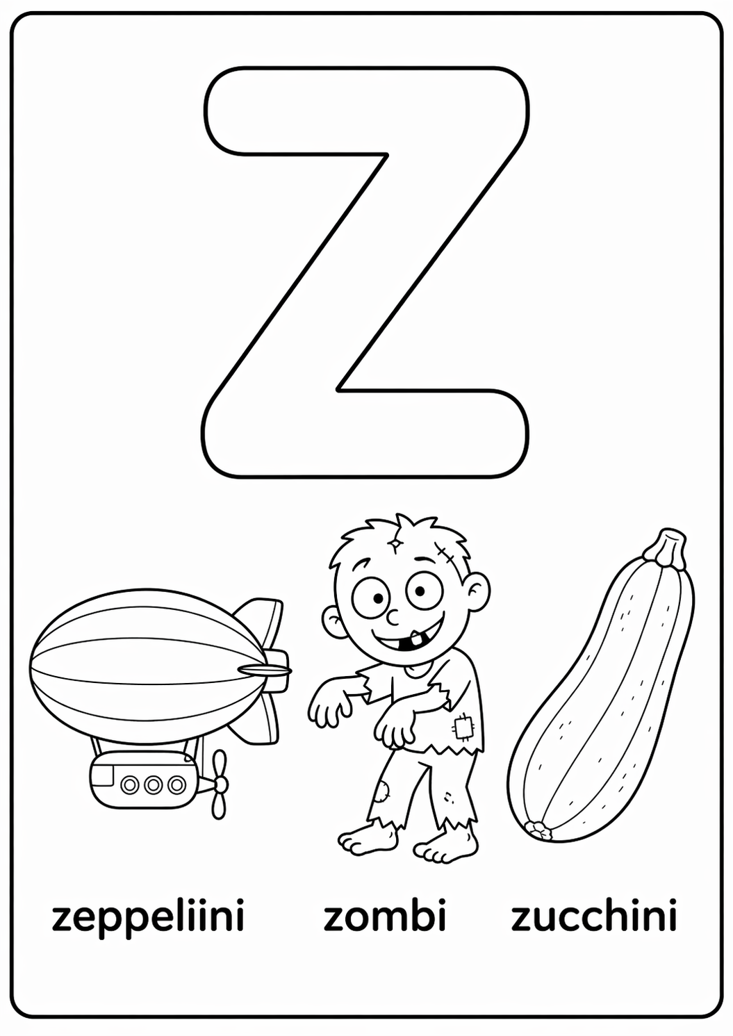 Z-kirjain: zeppeliini, zombi, zucchini värityssivu