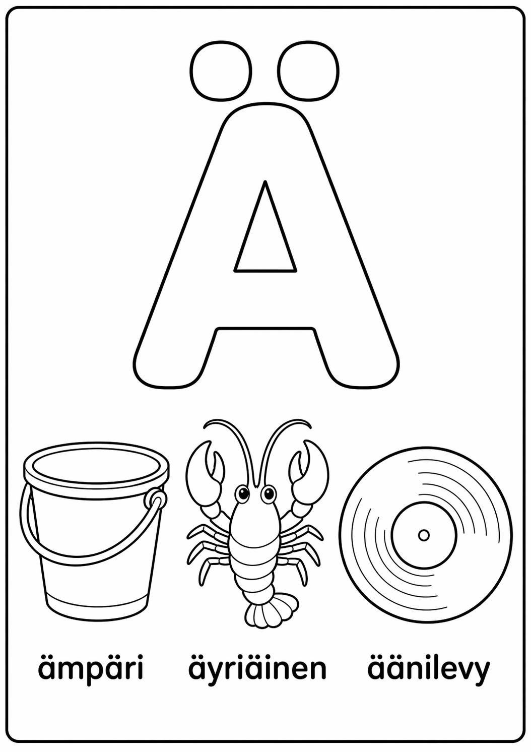 Ä-kirjain: ämpäri, äyriäinen, äänilevy värityssivu