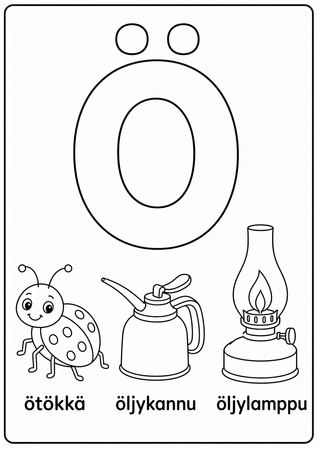 Ö-kirjain: ötökkä, öljykannu, öljylamppu värityssivu
