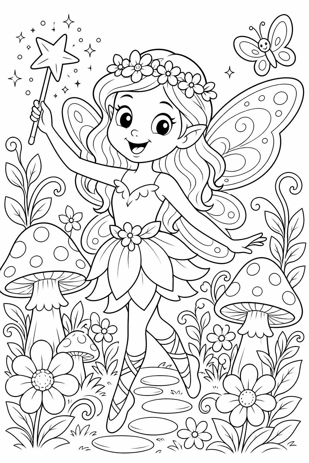 Keiju sienipuutarhassa – värityskuva