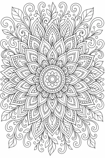 Kukkainen auringonsäde-mandala – värityskuva