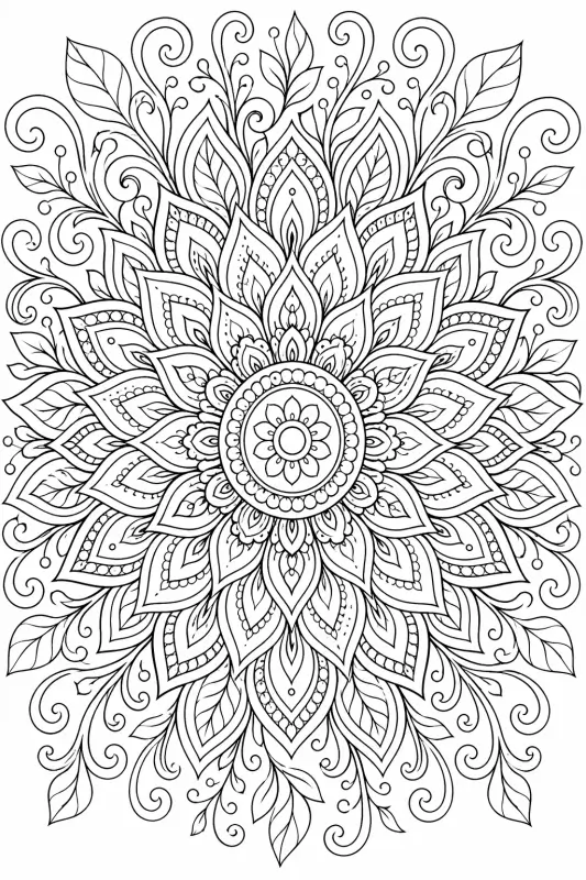 Kukkainen auringonsäde-mandala – värityskuva