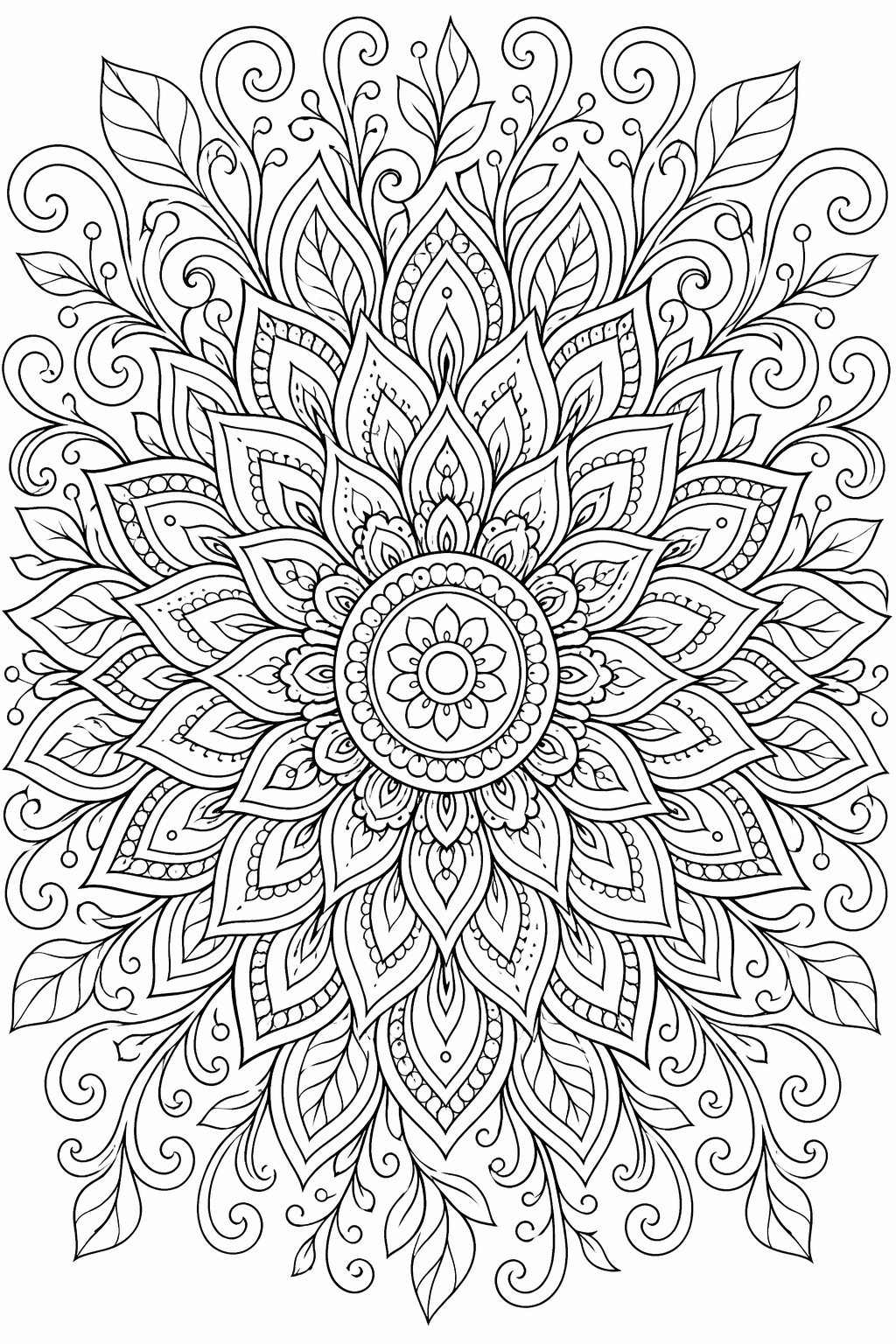 Kukkainen auringonsäde-mandala – värityskuva