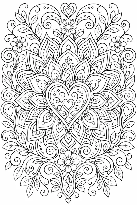 Sydänkukinta-mandala – värityskuva