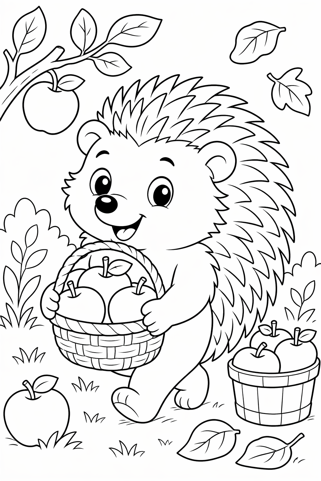 Siili omenankeruussa – värityskuva