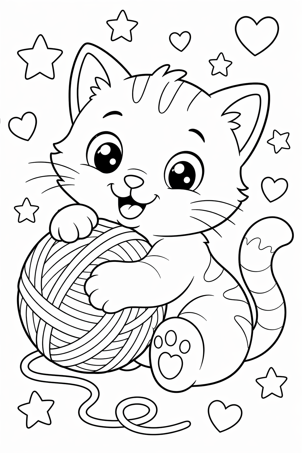 Kissanpentu ja lankakerä – värityskuva