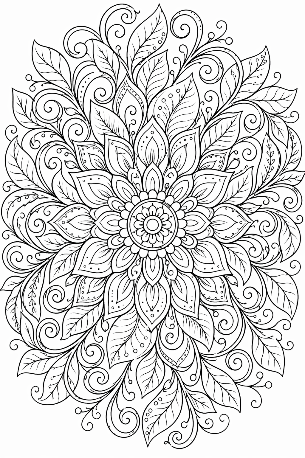 Lehtikiehkurat-mandala – värityskuva