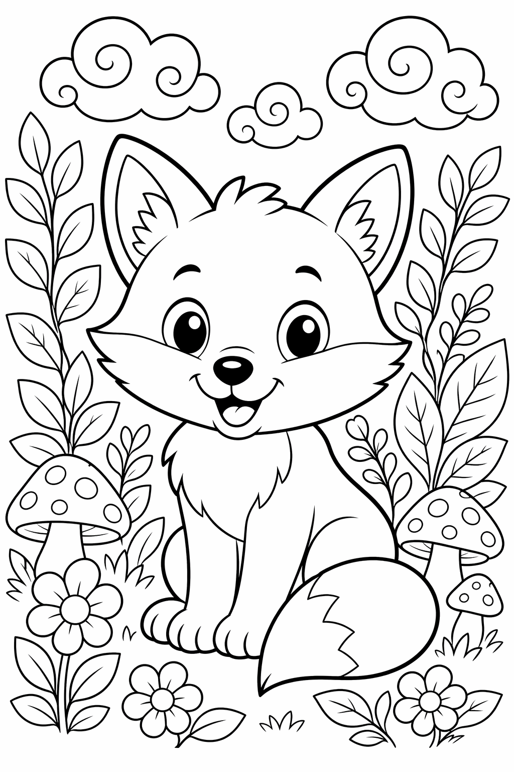 Pikku kettu metsässä – värityskuva