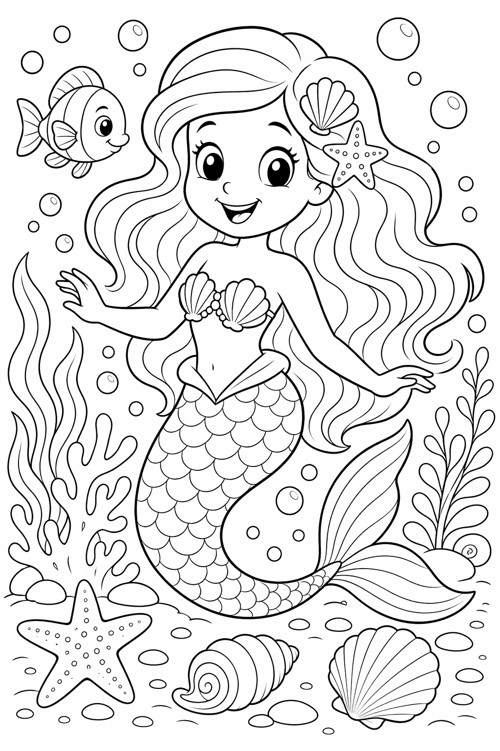 Merenneito simpukkalaguunissa – värityskuva