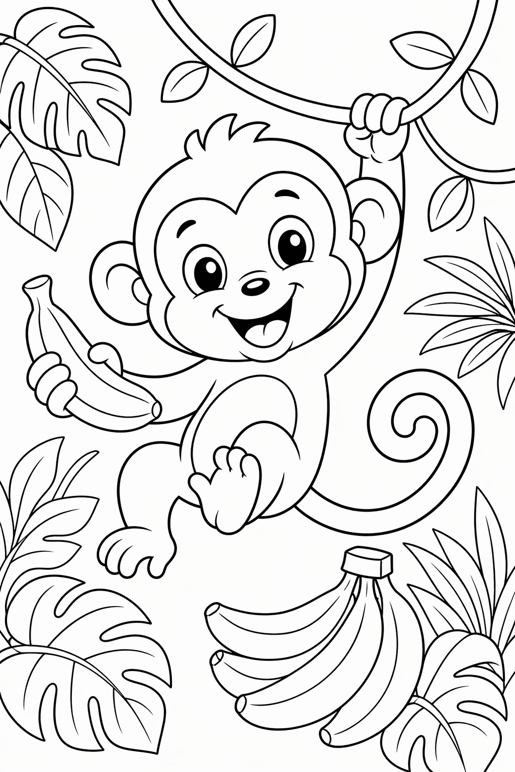 Keinuva apina ja banaanit – värityskuva