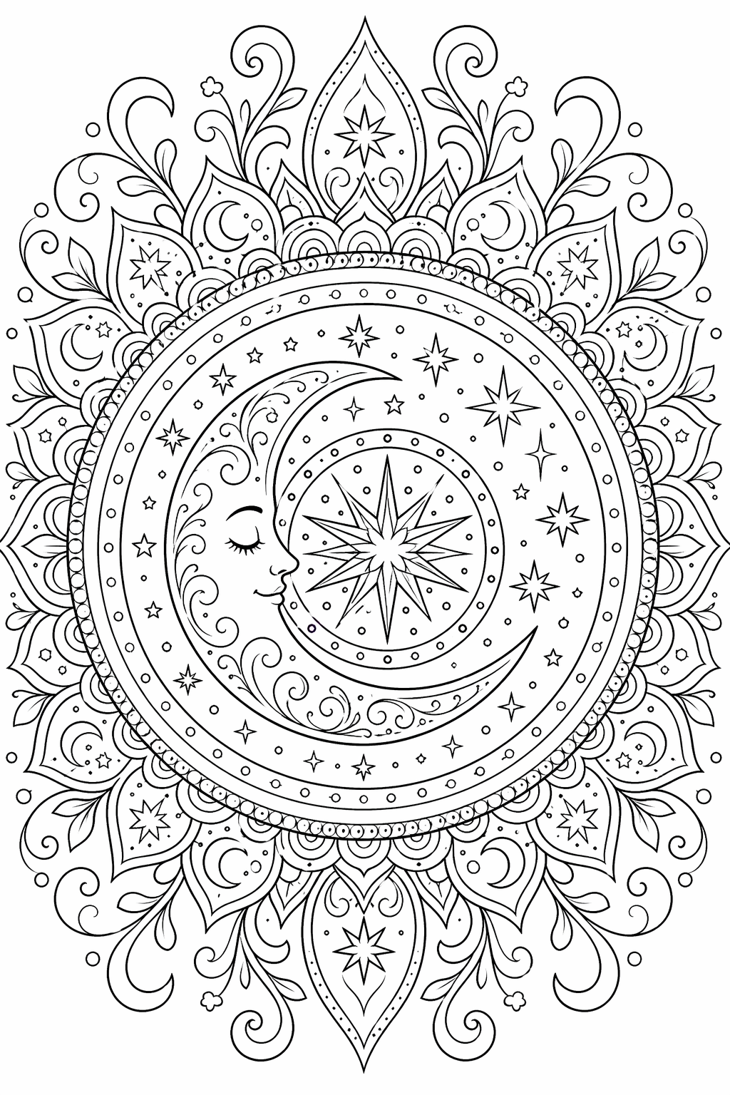Kuu- ja tähtimandala – värityskuva