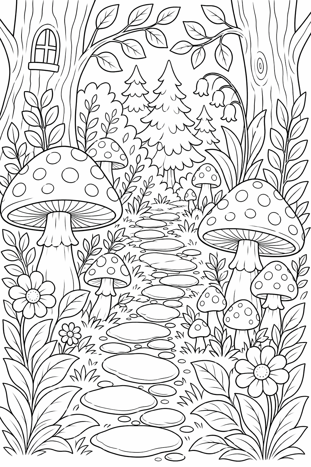 Sienet metsäpolulla – värityskuva