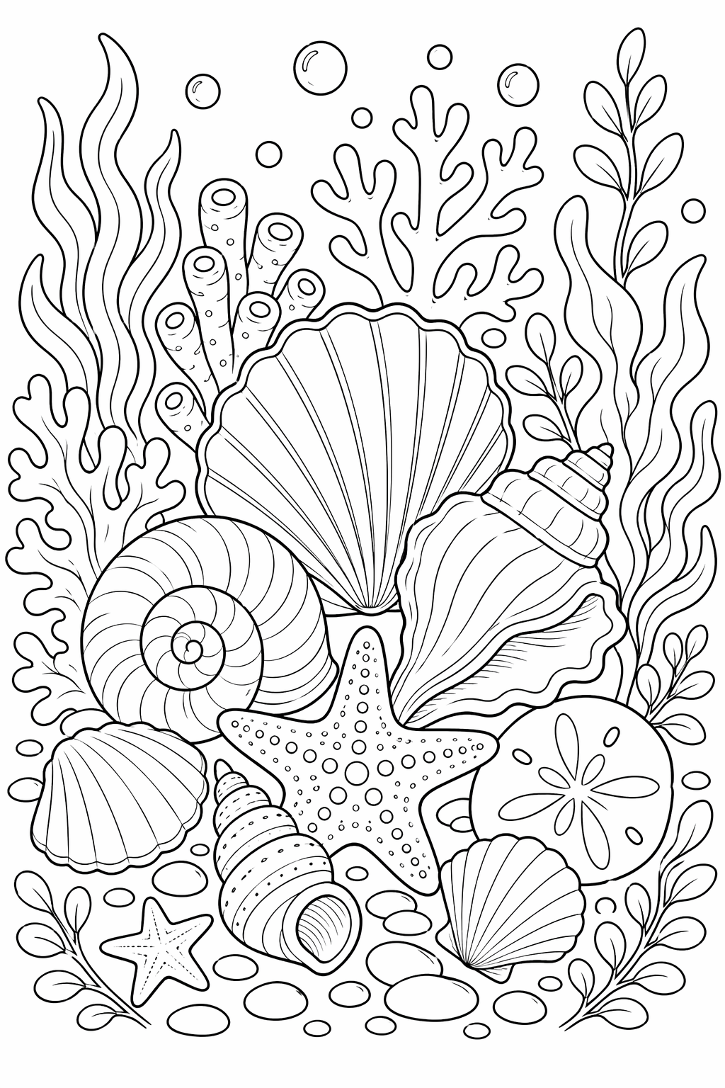Meren simpukkapuutarha – värityskuva