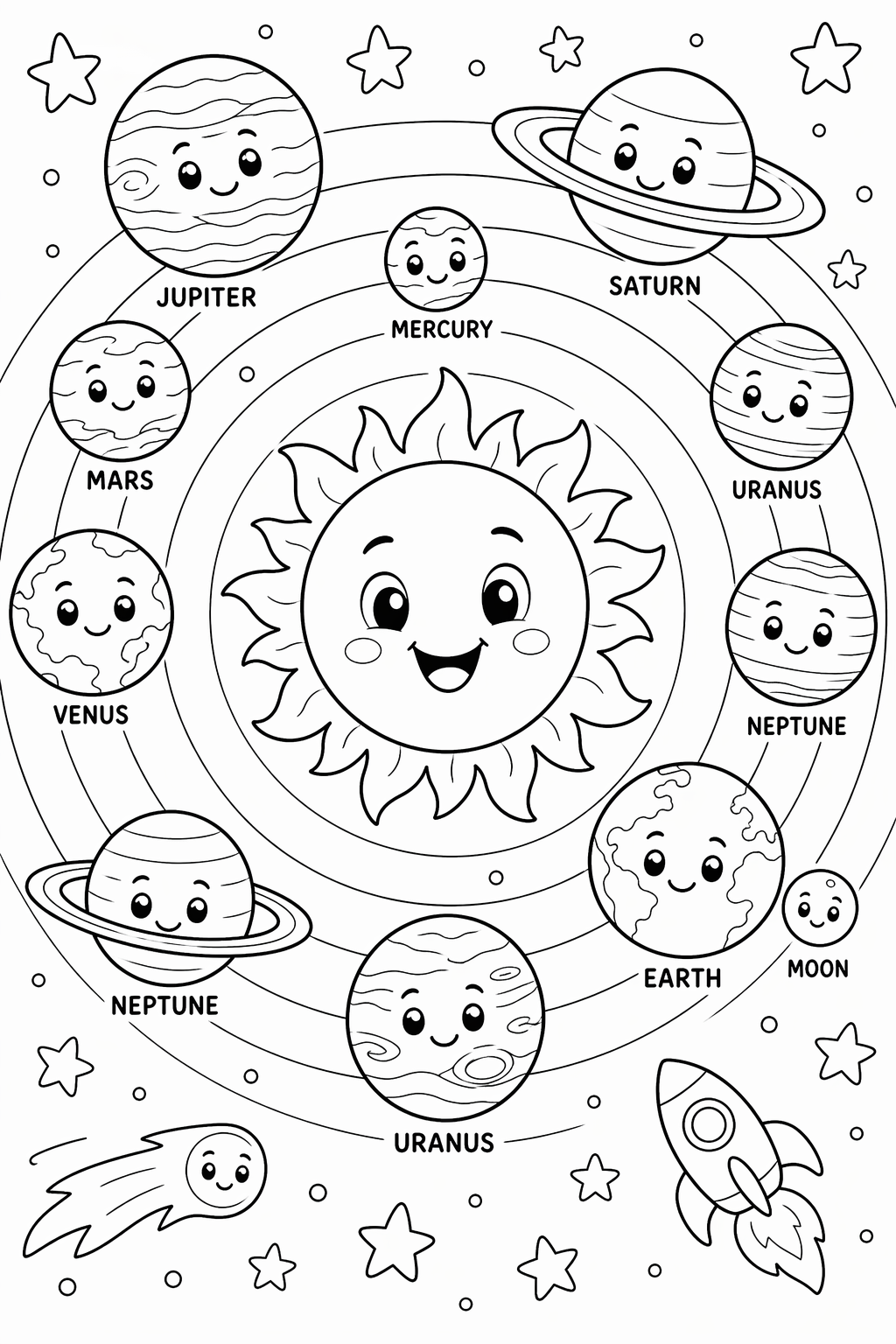 Planeetat ja aurinkokunta – värityskuva