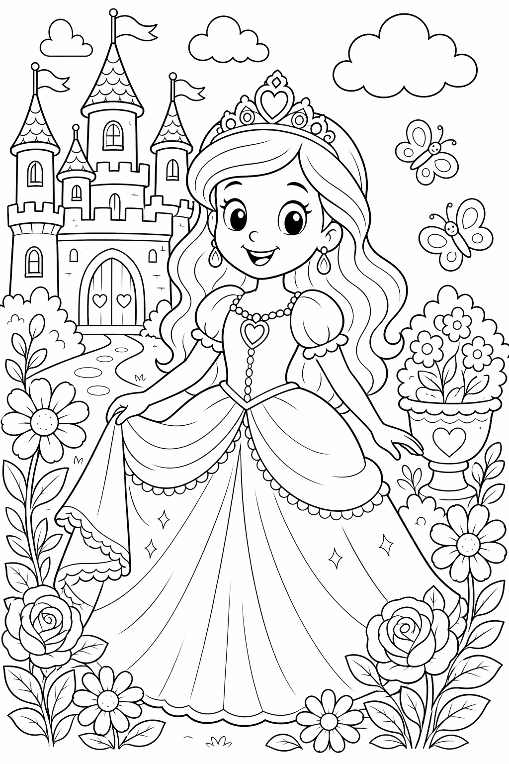 Prinsessa linnan puutarhassa – värityskuva