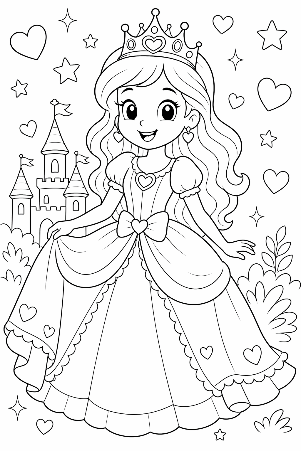 Prinsessa kruunussa ja juhlapuvussa – värityskuva