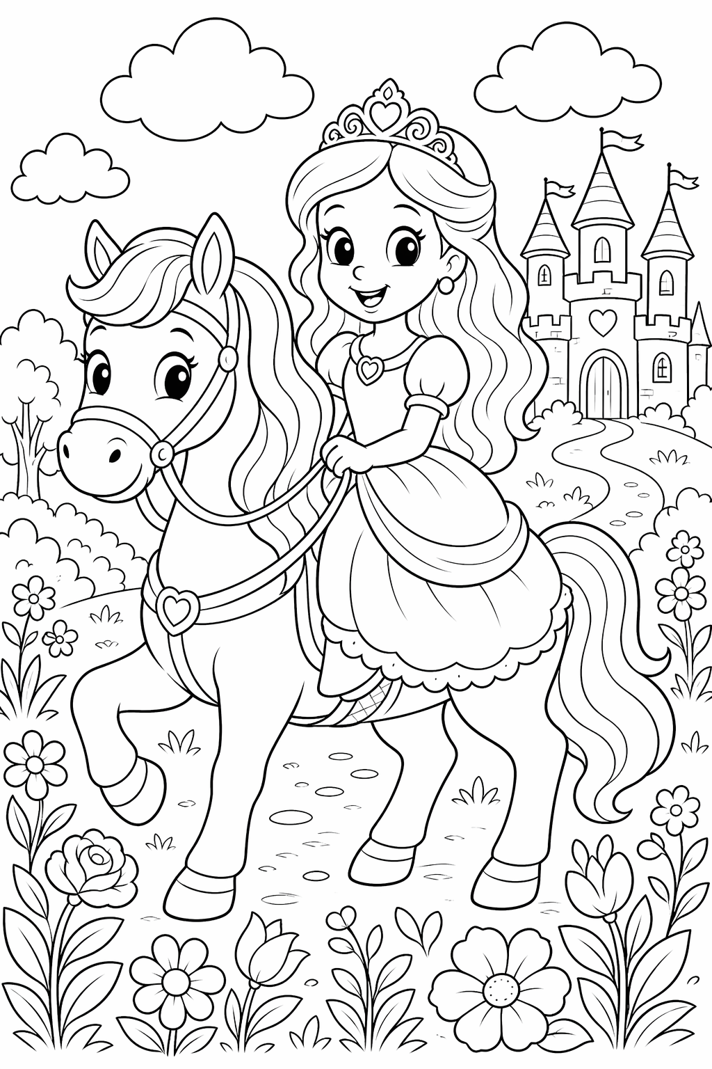 Prinsessa ratsastaa hevosella – värityskuva