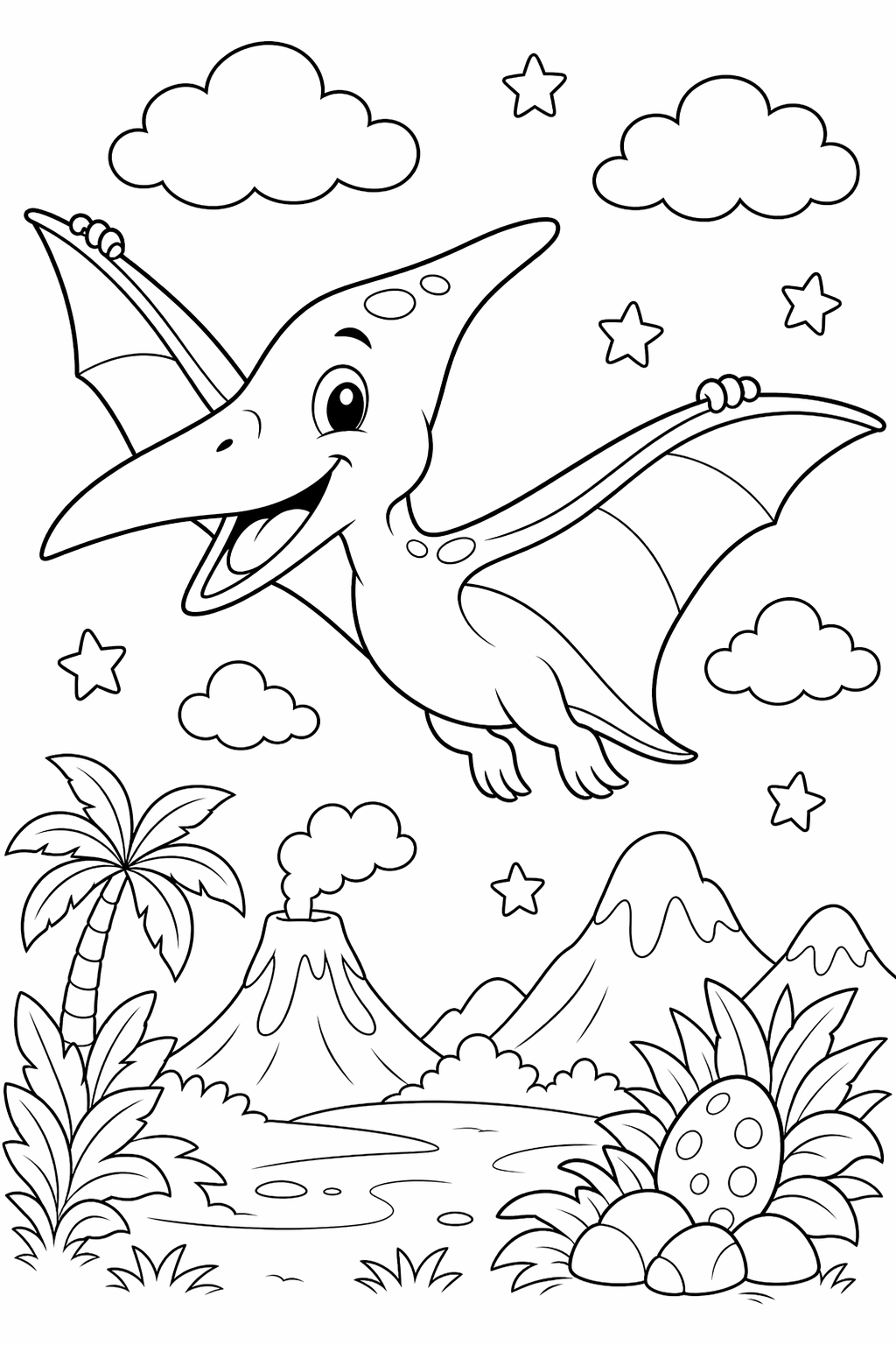 Pterodaktyyli taivasseikkailussa – värityskuva