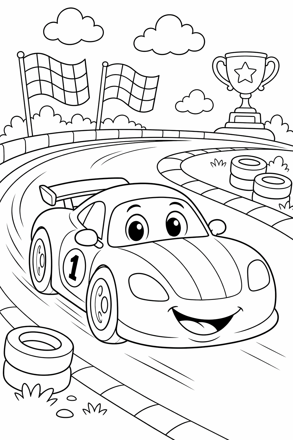 Kilpa-auto radalla – värityskuva