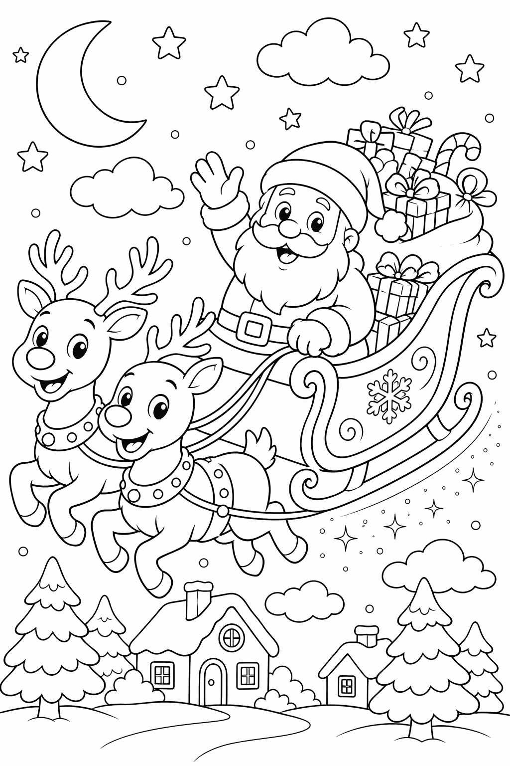 Joulupukin reki yössä – värityskuva