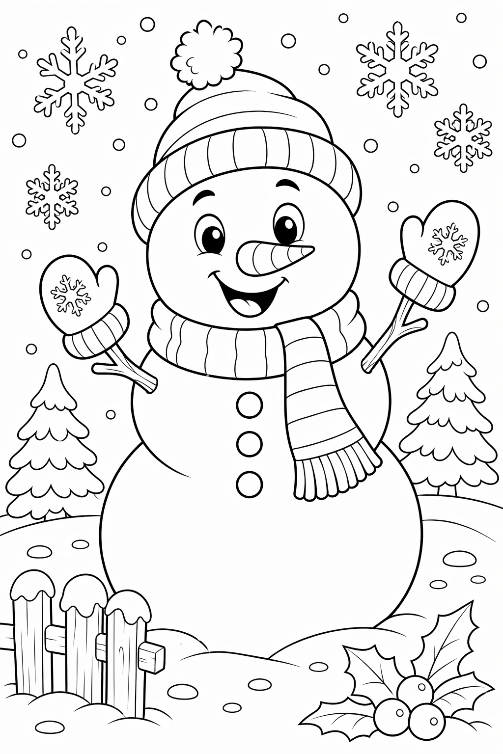 Lumiukko talvipuuhissa – värityskuva