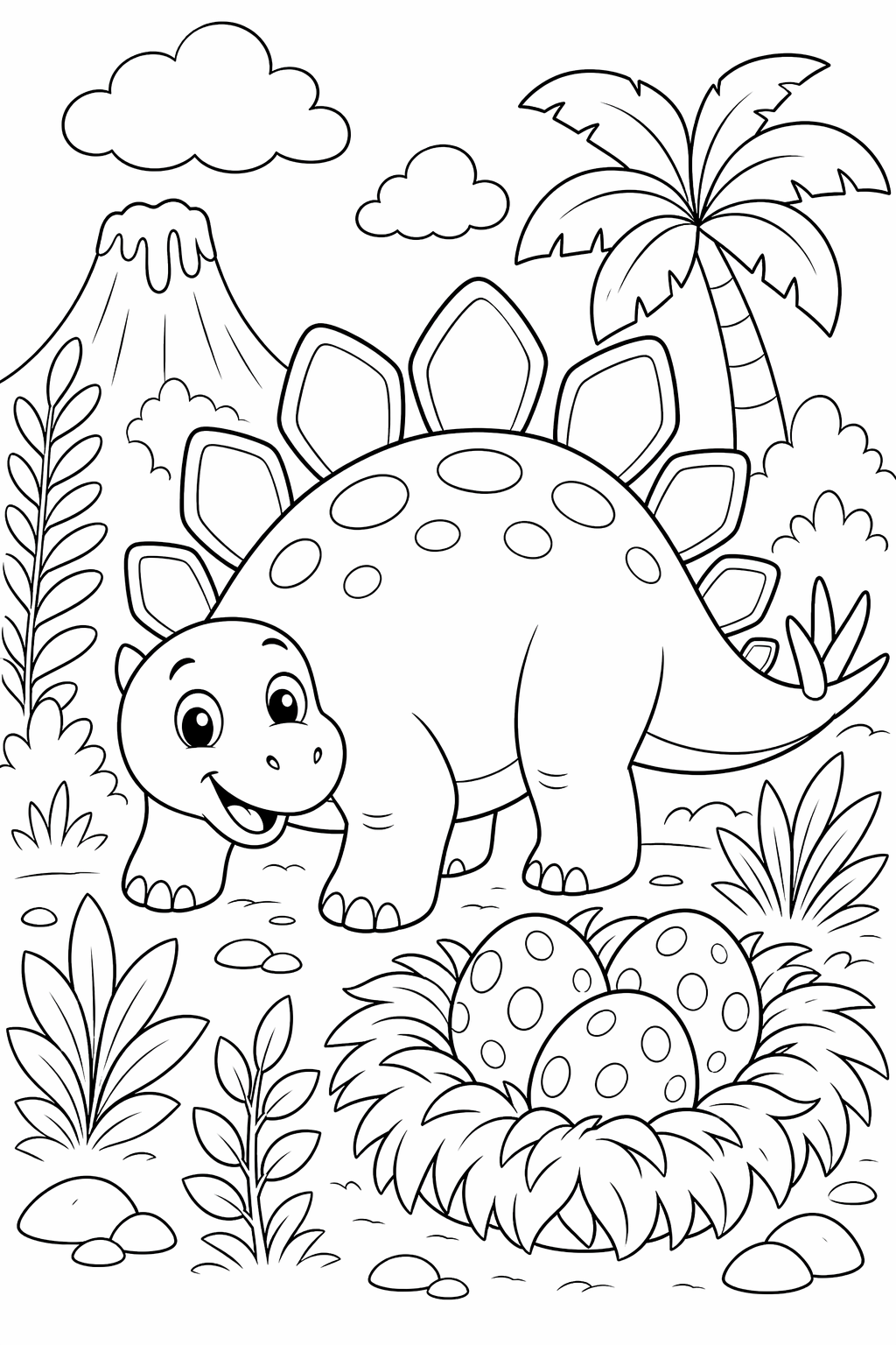 Stegosaurus ja pesämunat – värityskuva
