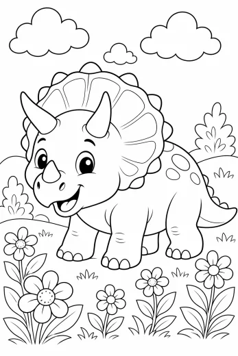 Triceratops kukkaniityllä – värityskuva