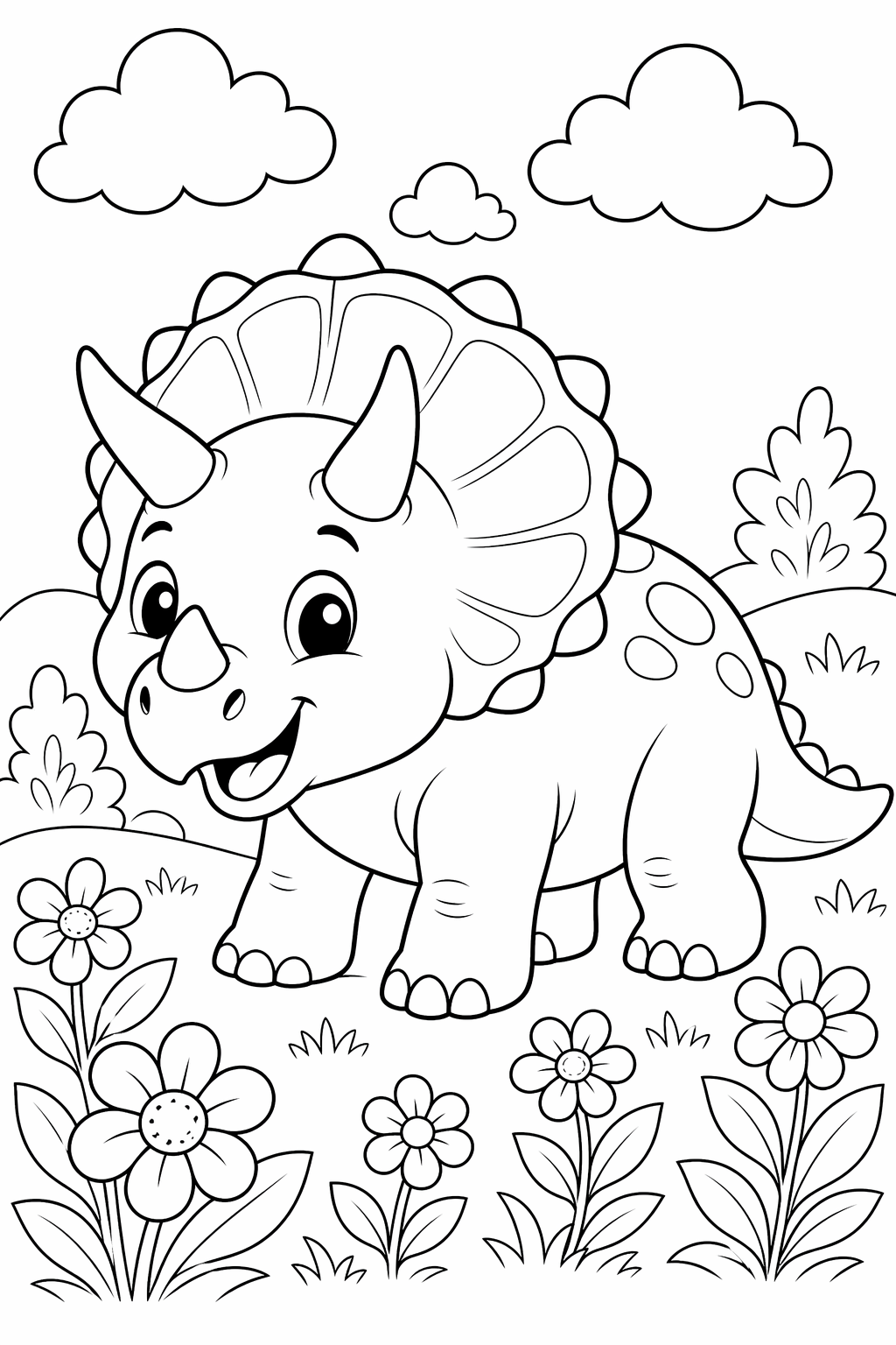 Triceratops kukkaniityllä – värityskuva