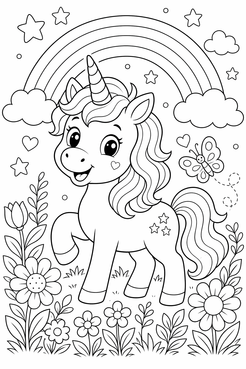 Yksisarvinen sateenkaaripuutarhassa – värityskuva