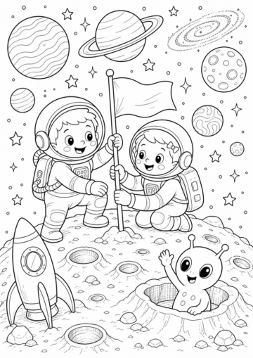 Astronautit kuussa värityskuva