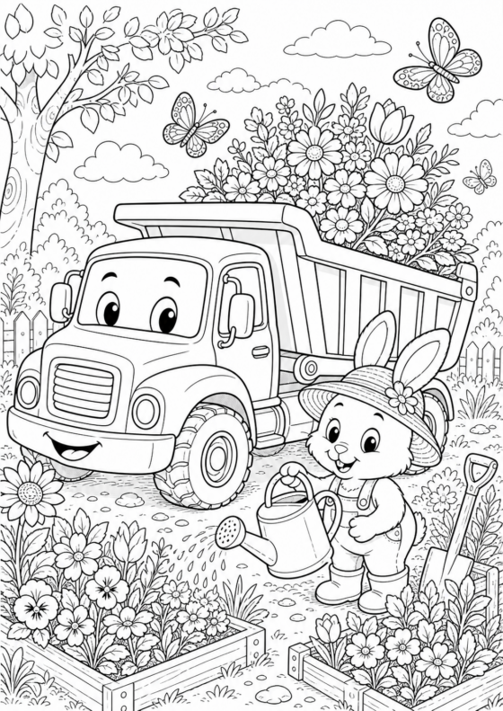 Kukkia kuljettava kuorma-auto värityskuva