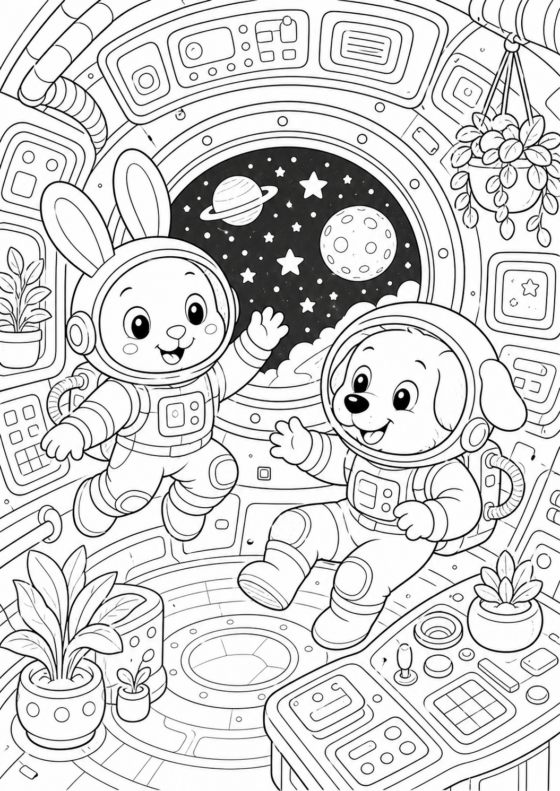 Avaruusaseman eläinastronautit värityskuva