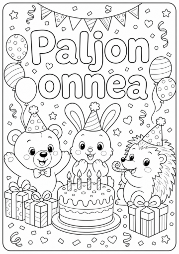 Paljon onnea – syntymäpäiväkortti värityskuva