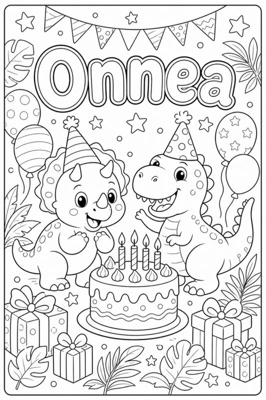 Onnea – dinosyntymäpäiväkortti värityskuva