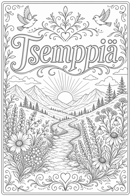 Tsemppiä – vuorimaisema värityskortti aikuisille