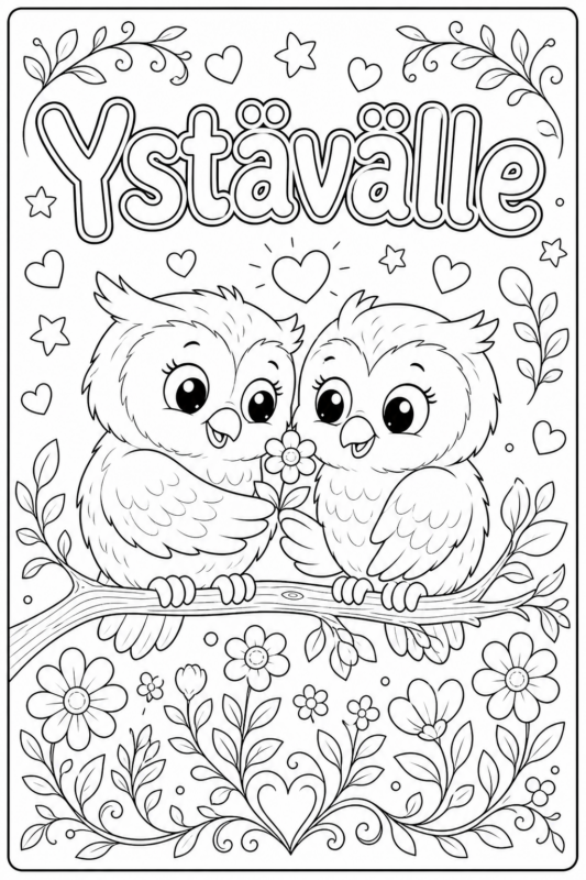 Ystävälle – pöllökortti värityskuva